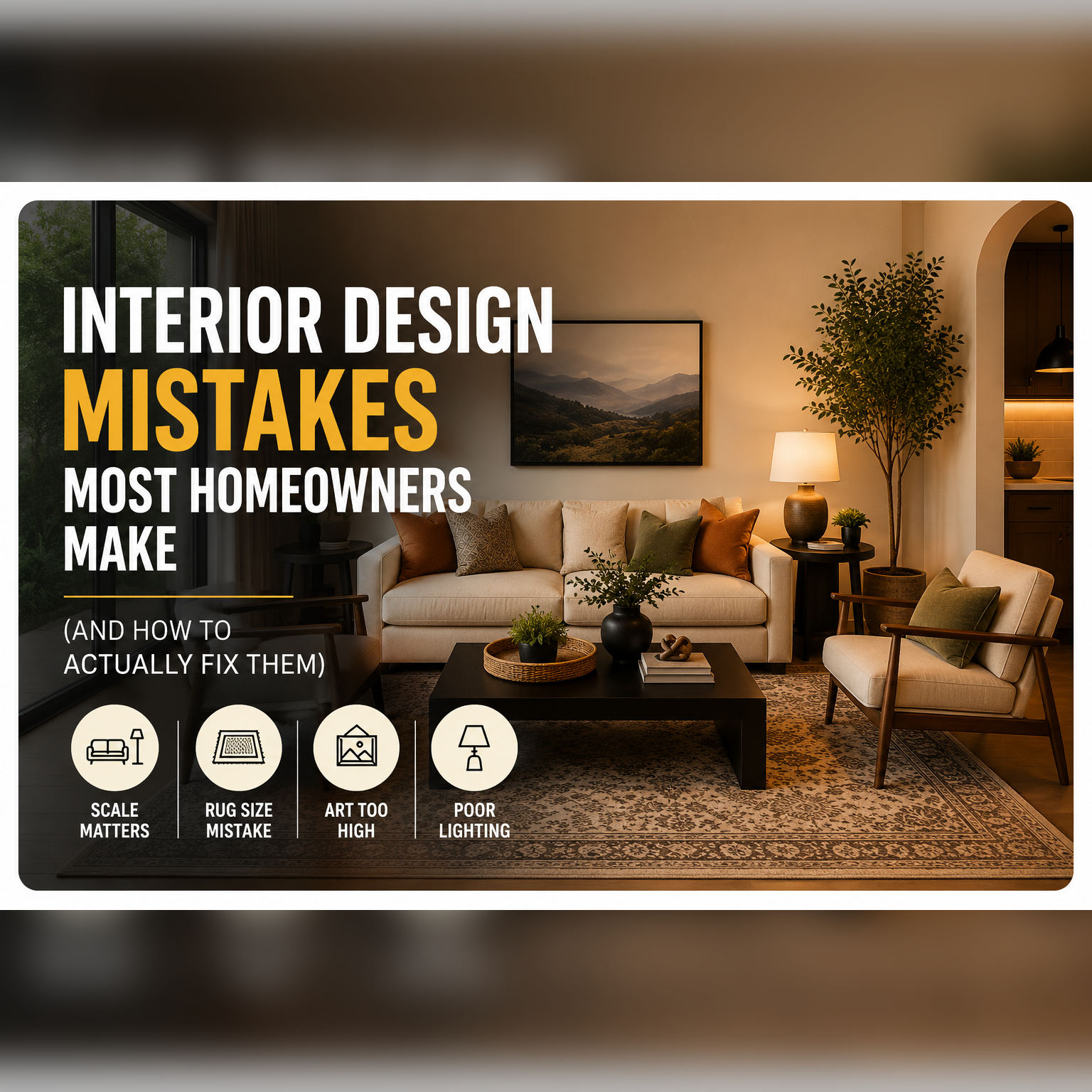 Cover graphic for Interior Design Mistakes Most Homeowners Make, highlighting common errors in furniture scale, rug size, art height, and lighting.