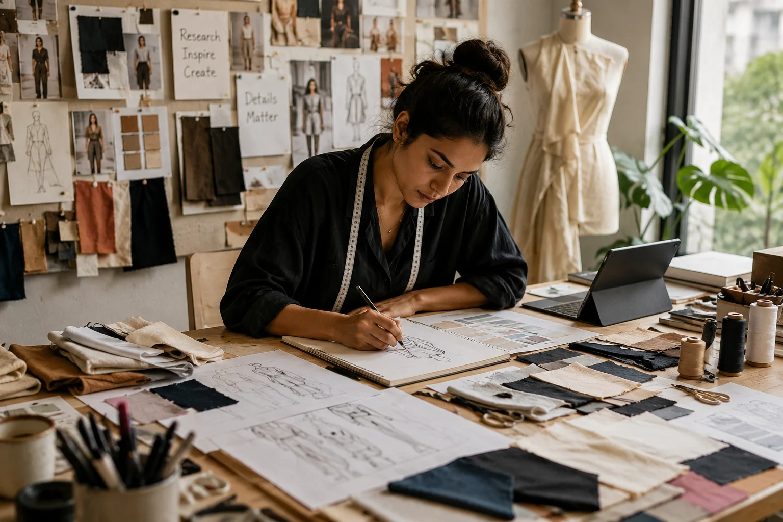 Fashion design student pinning a black and beige dress on a mannequin in a bright studio.