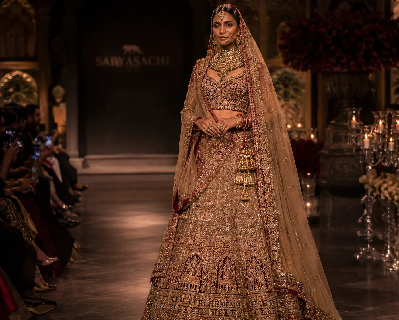 Model on a luxury fashion runway wearing an intricately embroidered Sabyasachi bridal lehenga.