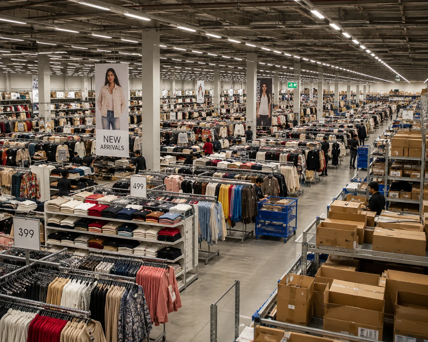 Massive fast fashion retail warehouse with endless rows of clothing racks and workers.