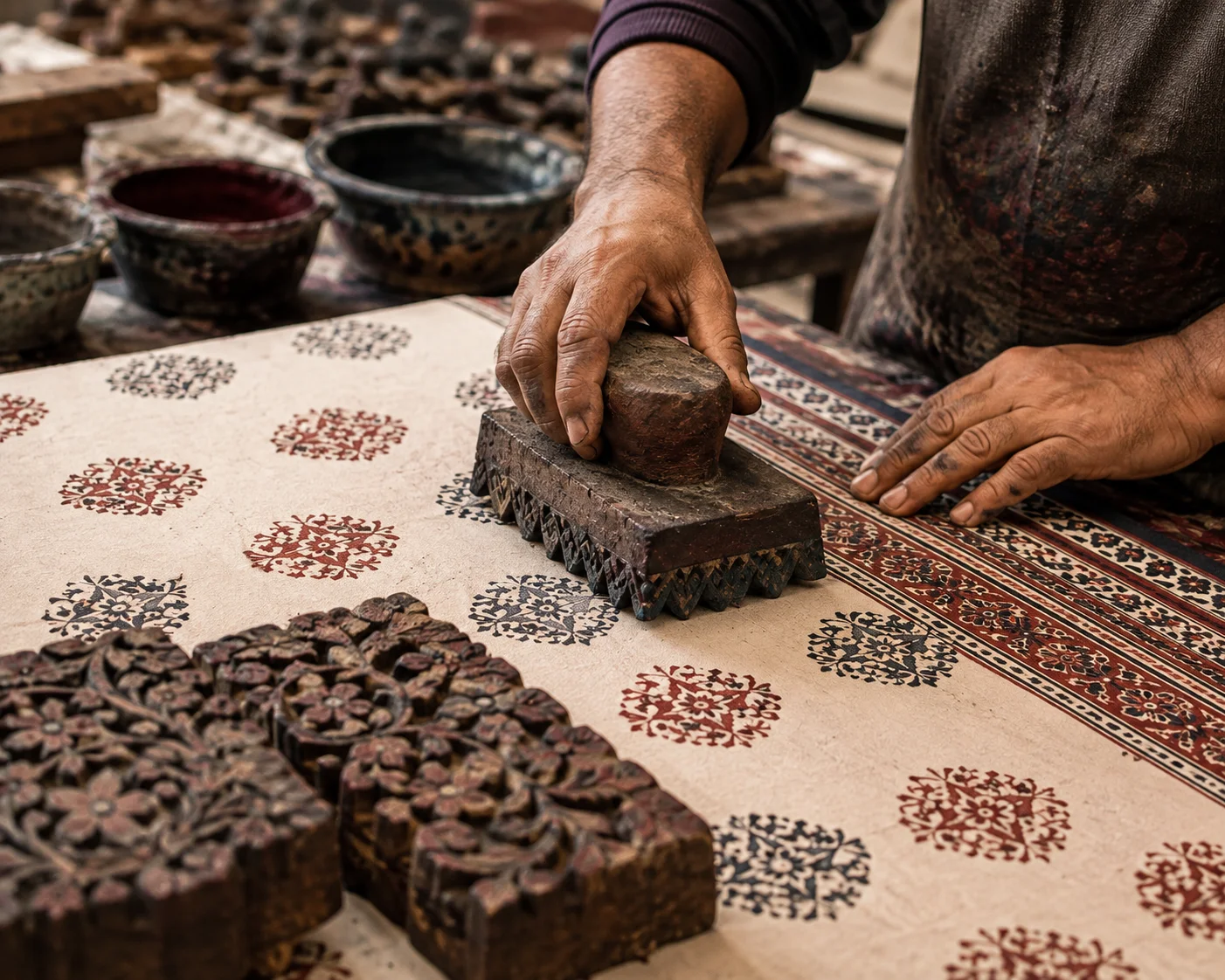 Artisan applying traditional hand block printing with a wooden stamp onto fabric.