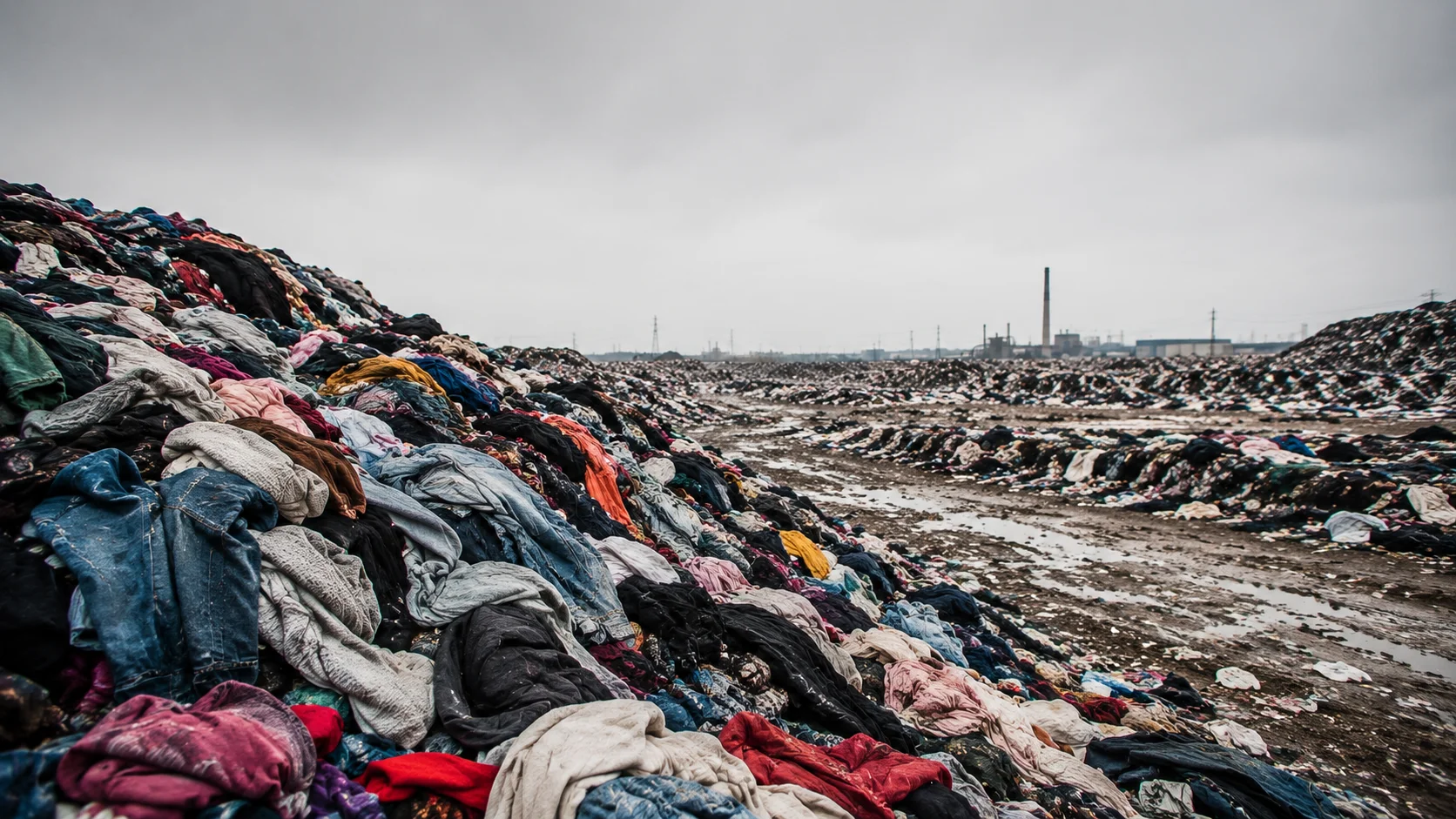Large landfill of discarded clothing highlighting global textile waste and pollution.