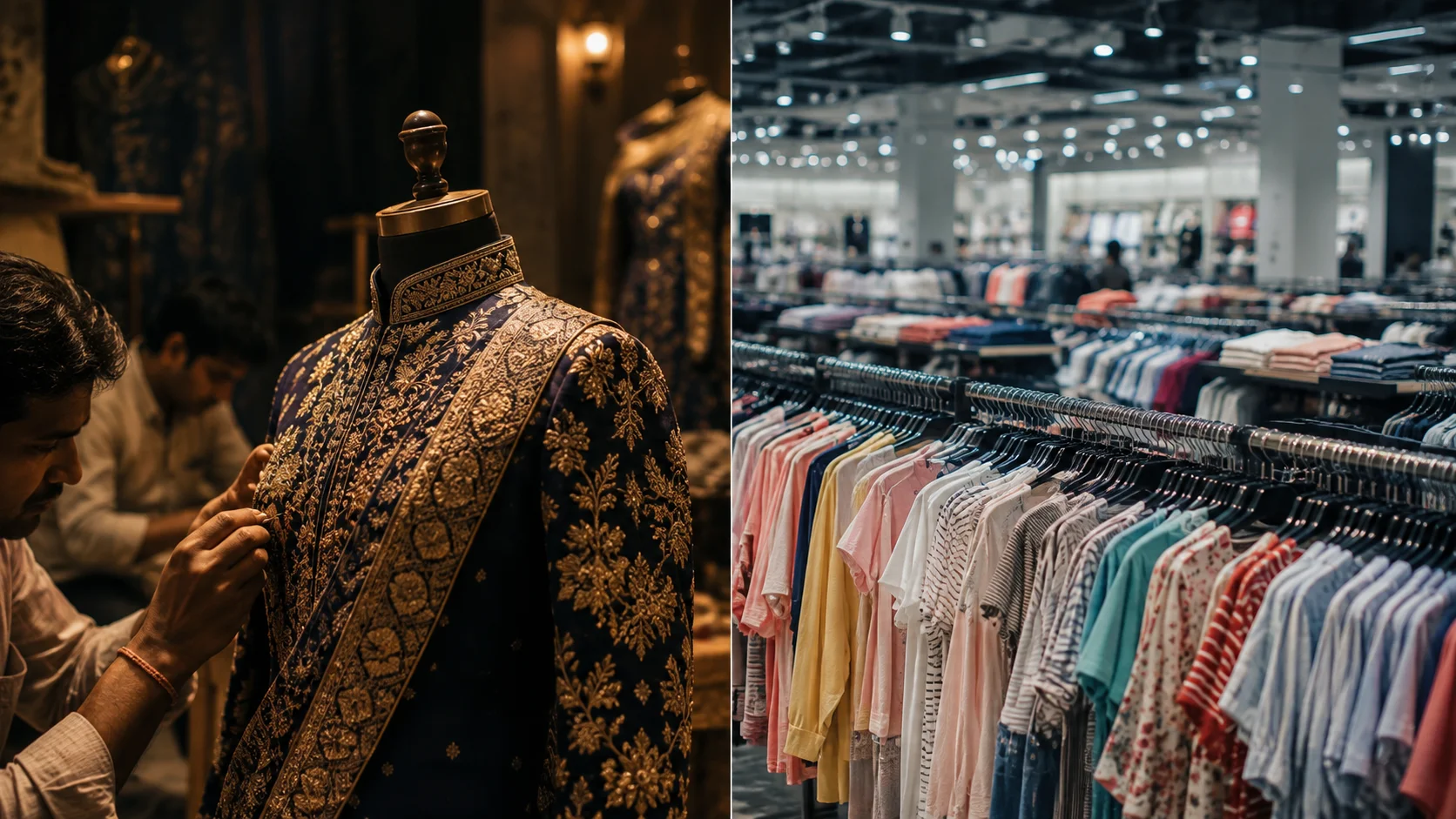 Split view comparing an artisan hand-embroidering a traditional garment to a modern fast fashion retail store.