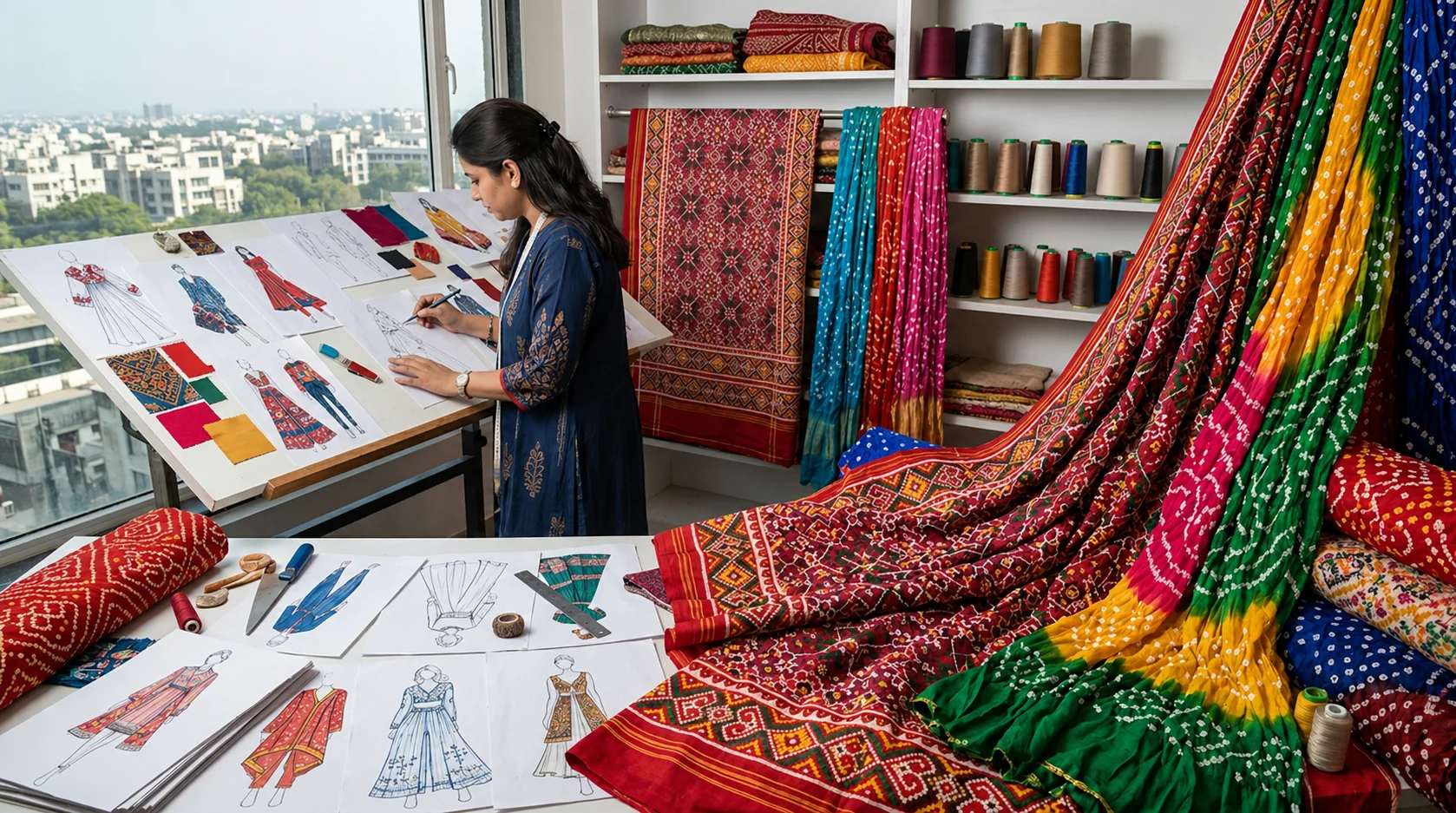 Indian fashion designer sketching ethnic wear in a studio surrounded by colorful traditional textiles.