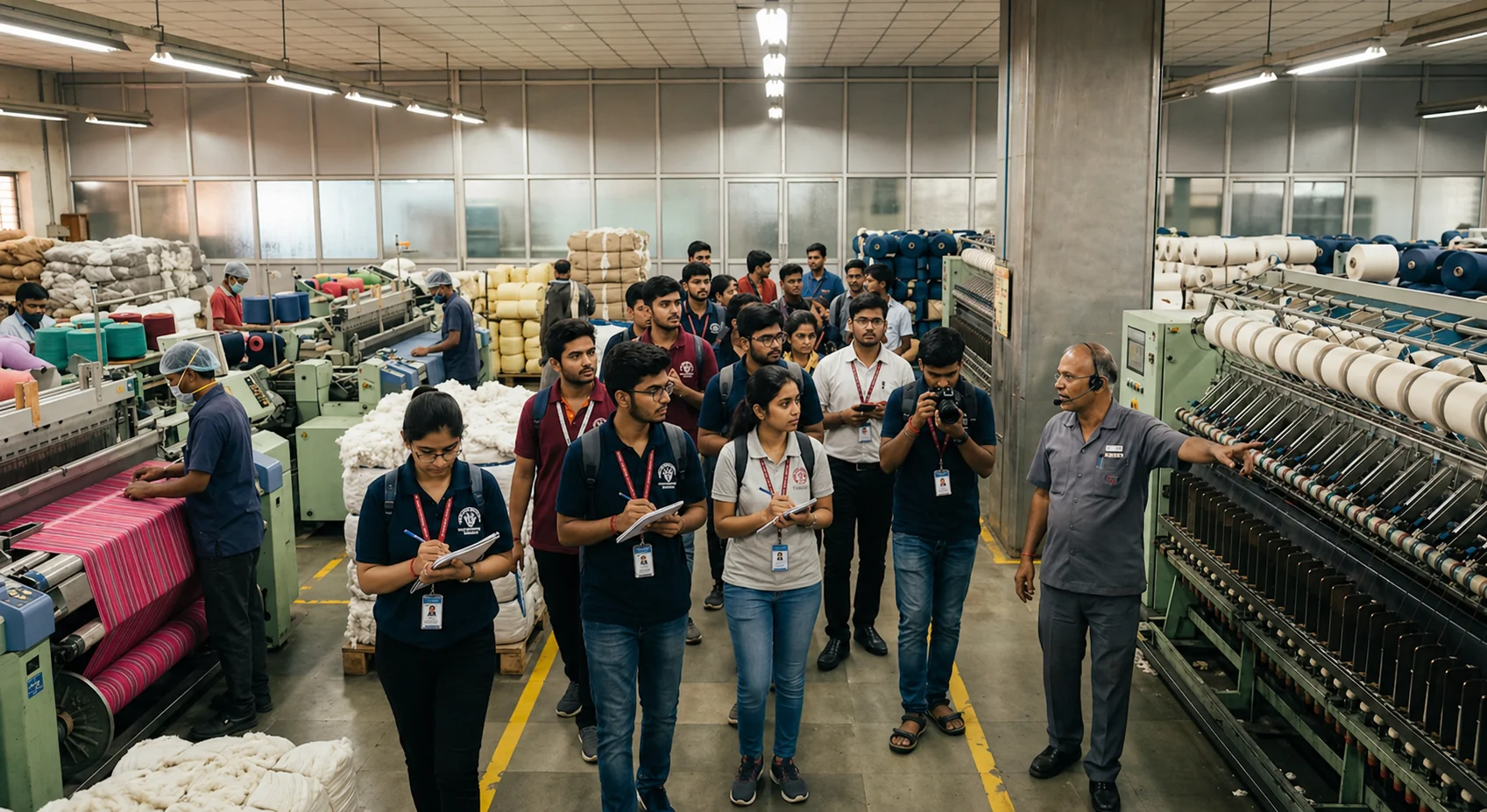 A group of fashion design students taking notes and observing machinery during an educational industrial visit at a large textile manufacturing mill.
