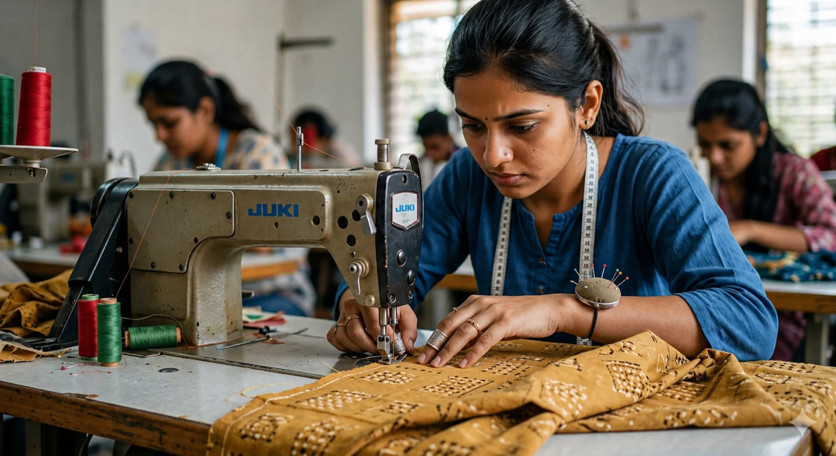 A woman sewing patterned fabric on an industrial JUKI machine in a bustling garment workshop.