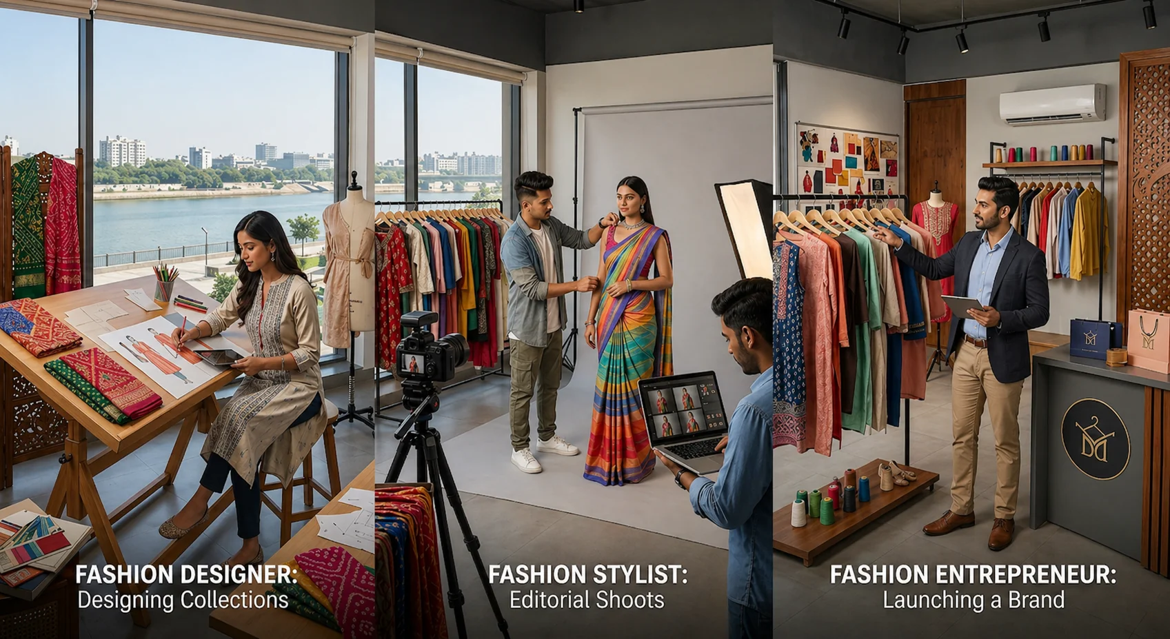 A 3-panel collage showcasing fashion careers in Ahmedabad. Left: A fashion designer sketching with traditional Indian textiles. Middle: A stylist dressing a model in a saree during a studio photoshoot. Right: An entrepreneur managing a modern retail clothing boutique.