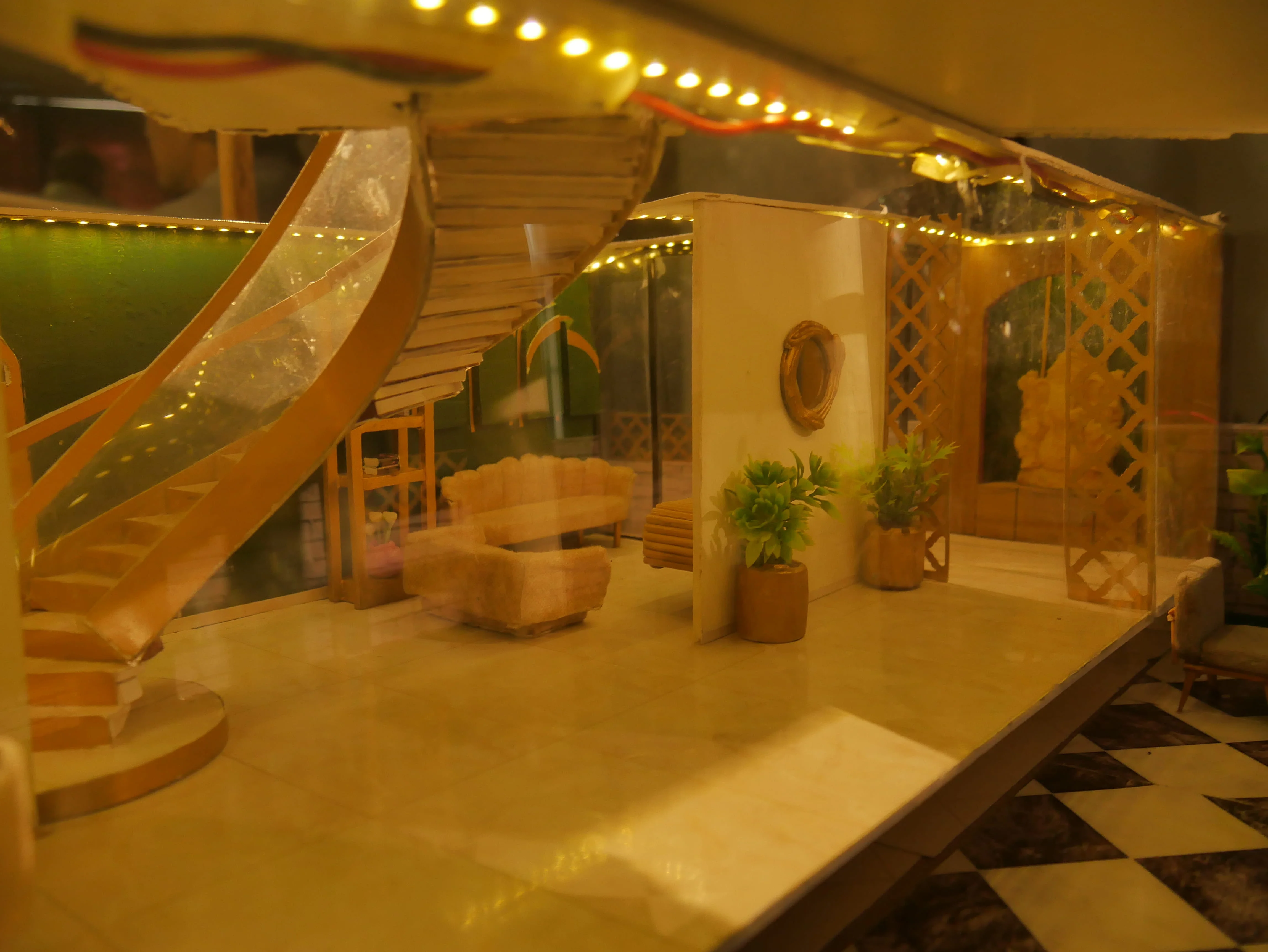 Creative interior design with wooden staircase and lighting