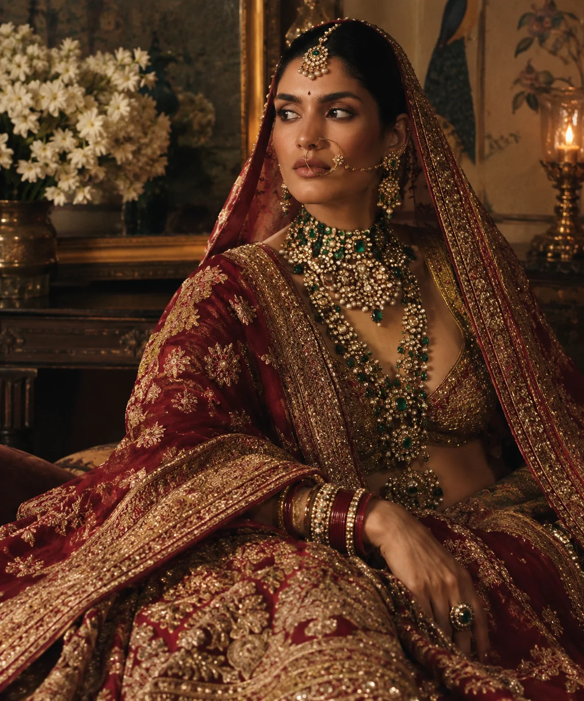 Sabyasachi Mukherjee bridal couture featuring heavy vintage embroidery, traditional Indian handloom, and maximalist styling