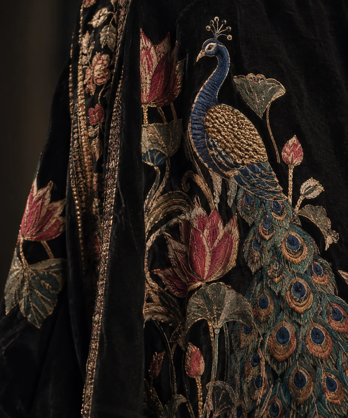Close-up of Rohit Bal signature lotus motif embroidery, showcasing his theatrical and deeply rooted Indian couture style