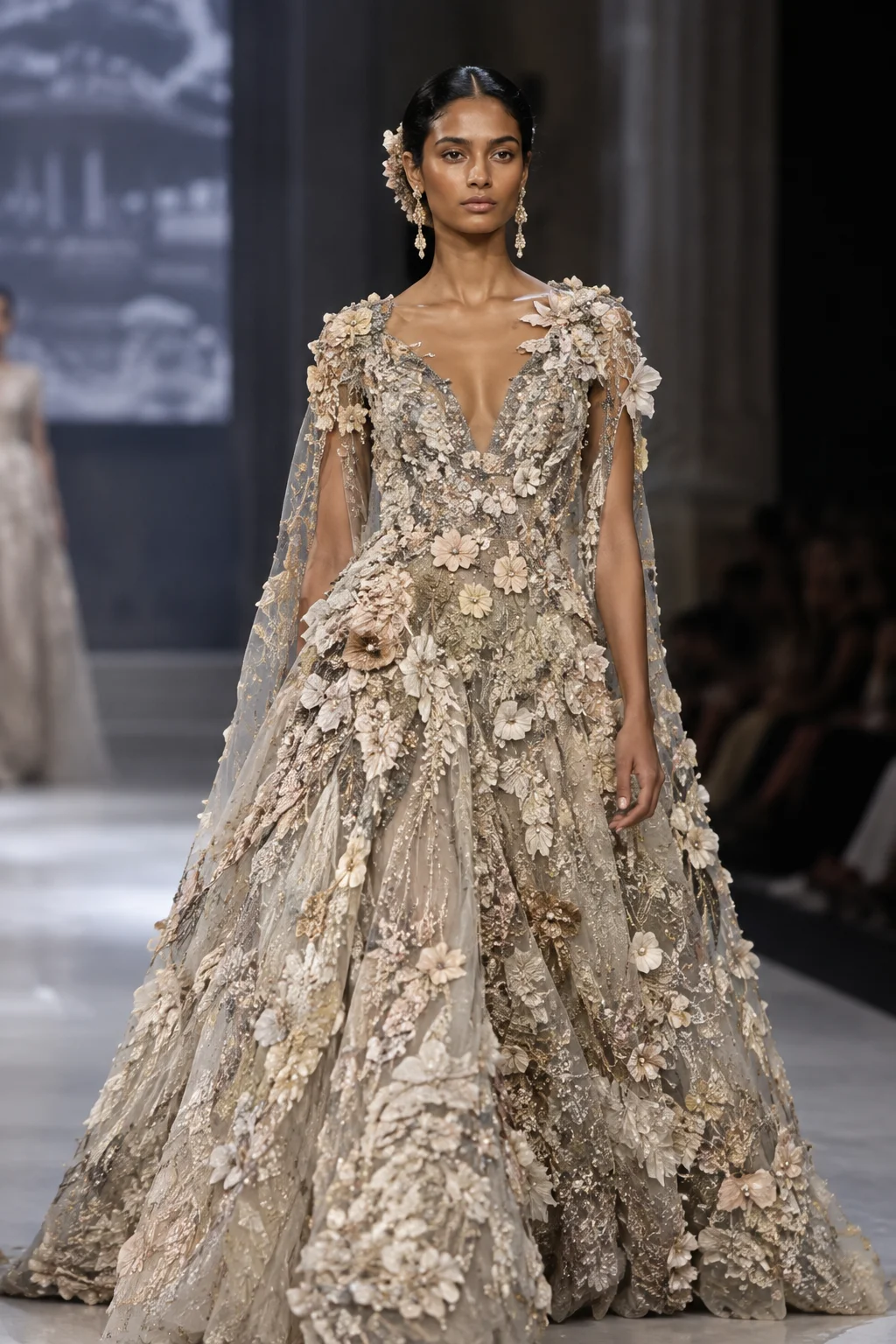 Model on the Paris Haute Couture runway in a Rahul Mishra 3D hand-embroidered gown, bringing Indian artisanship to a global stage
