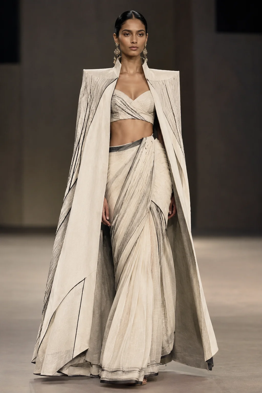 Anamika Khanna deconstructed sari paired with a structured cape, revolutionizing modern Indian womenswear silhouettes