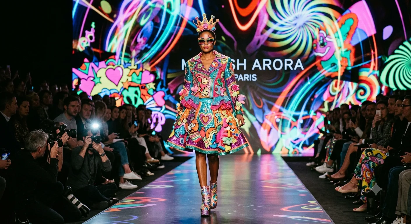 Colorful avant-garde fashion design by Manish Arora on an international runway, showing a futuristic Indian aesthetic