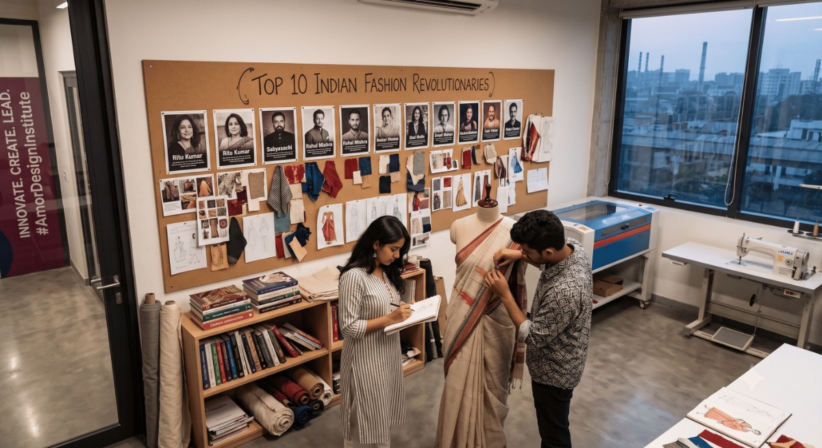 Students in a fashion design institute studio sketching and draping fabric on a mannequin, studying the work of Top 10 Indian fashion revolutionaries.