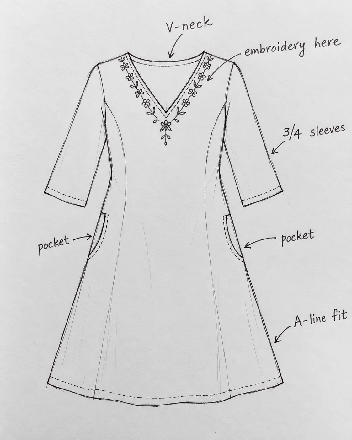A simple, hand-drawn pencil sketch of an A-line dress with handwritten notes pointing out design details like a V-neck, floral embroidery, side pockets, and three-quarter sleeves.