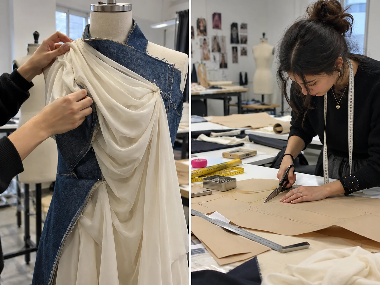 Two side-by-side workspace photos showing a designer pinning draped white fabric onto a mannequin, and another designer cutting a paper clothing pattern on a large table.