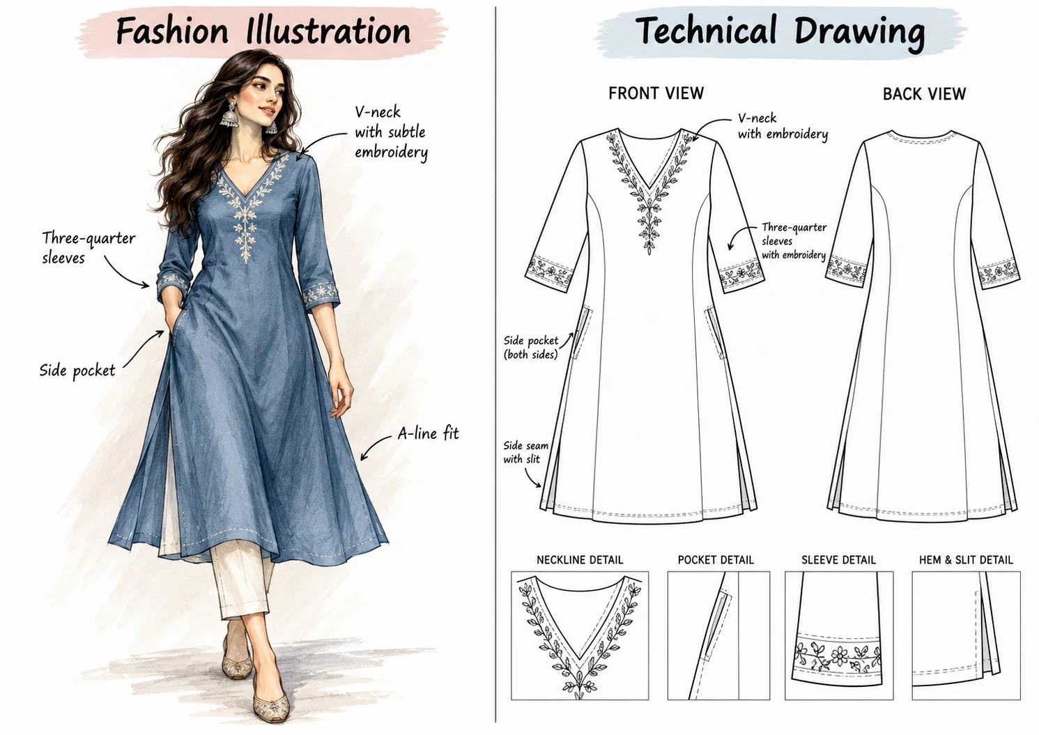 A side-by-side comparison displaying a colorful, artistic fashion illustration of a woman wearing a blue kurti on the left, and precise, flat black-and-white technical drawings of the same garment's front and back on the right.