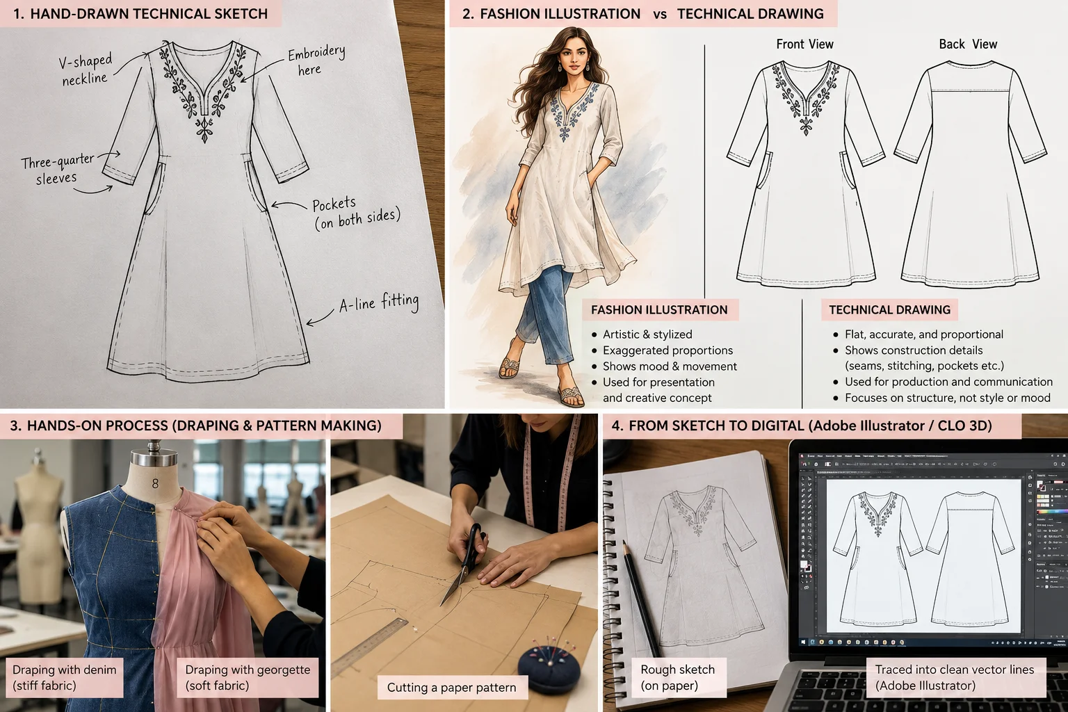 An infographic breaking down the fashion design workflow into four stages: creating a hand-drawn sketch, comparing fashion illustrations to technical drawings, doing hands-on draping and pattern making, and digitizing sketches on a laptop.