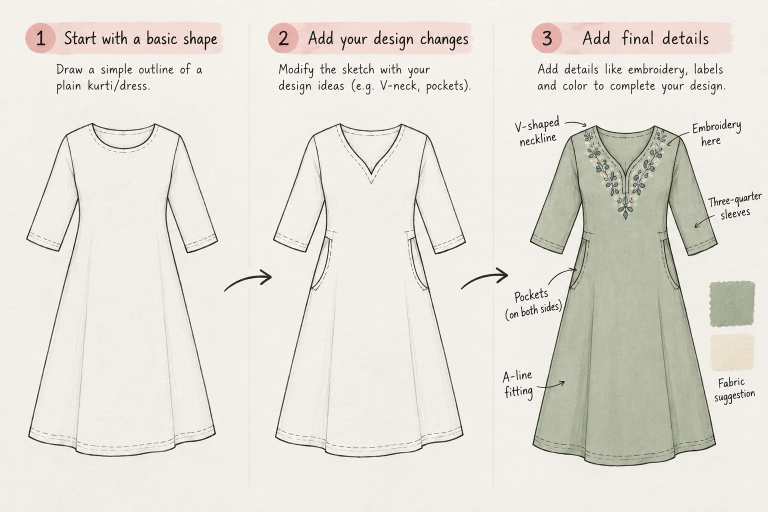 A three-step visual guide demonstrating how to design a dress, starting with a basic blank outline, adding structural changes like a V-neck and pockets, and finishing with green coloring and embroidery details.