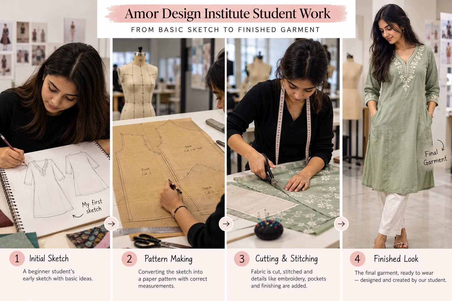A four-step photographic sequence showing a student's progress from sketching a dress on paper, to making a paper pattern, cutting the fabric, and finally modeling the finished green kurti.