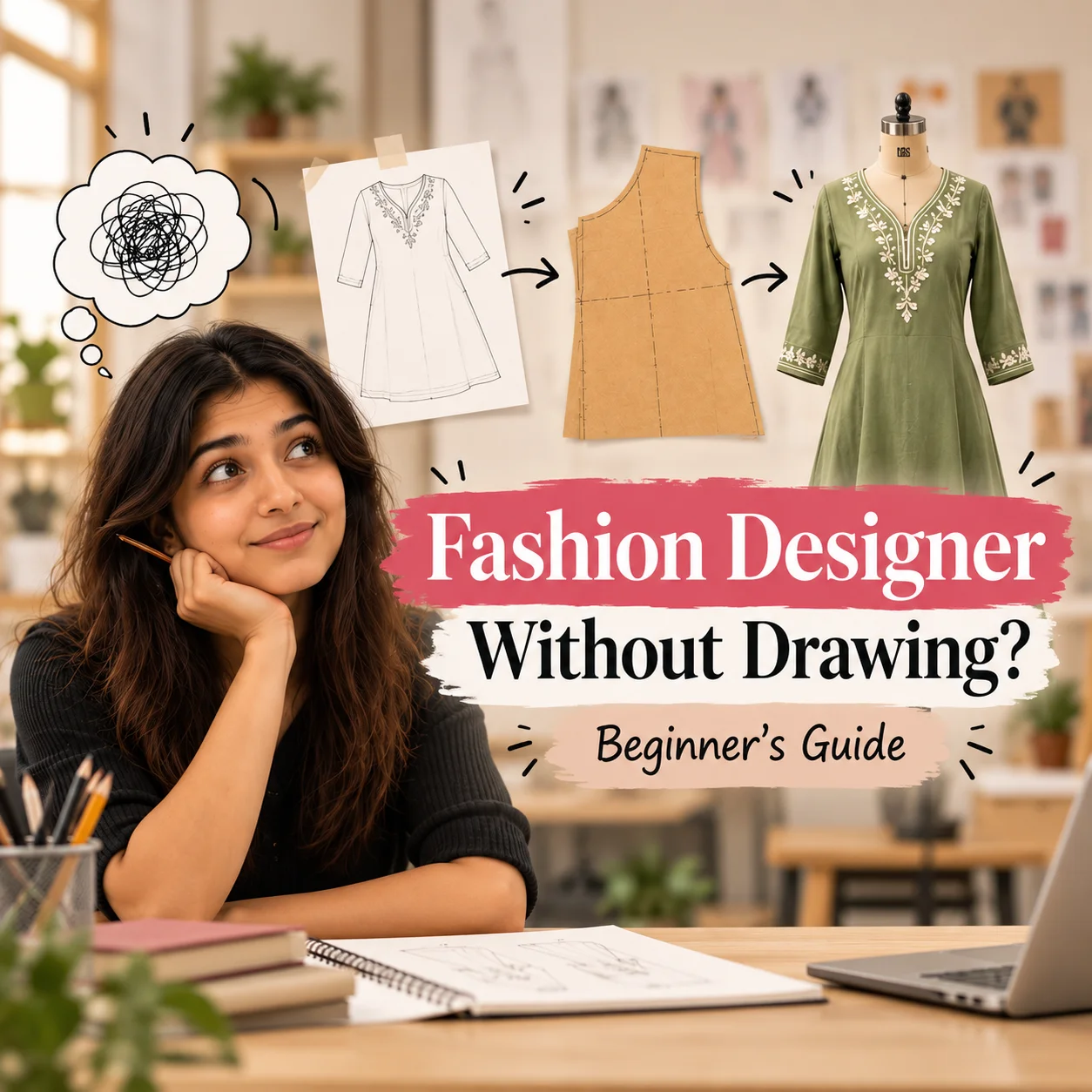 A woman looking thoughtful with a thought bubble saying "I can't draw...", next to a visual progression showing a dress sketch transforming into a paper pattern and then a finished green garment.
