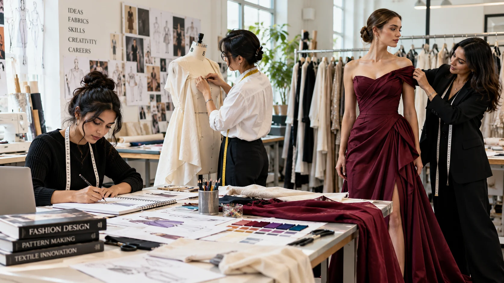 Three fashion designers working in a bright studio, with one sketching on paper, another draping fabric on a mannequin, and a third adjusting a maroon gown on a model.