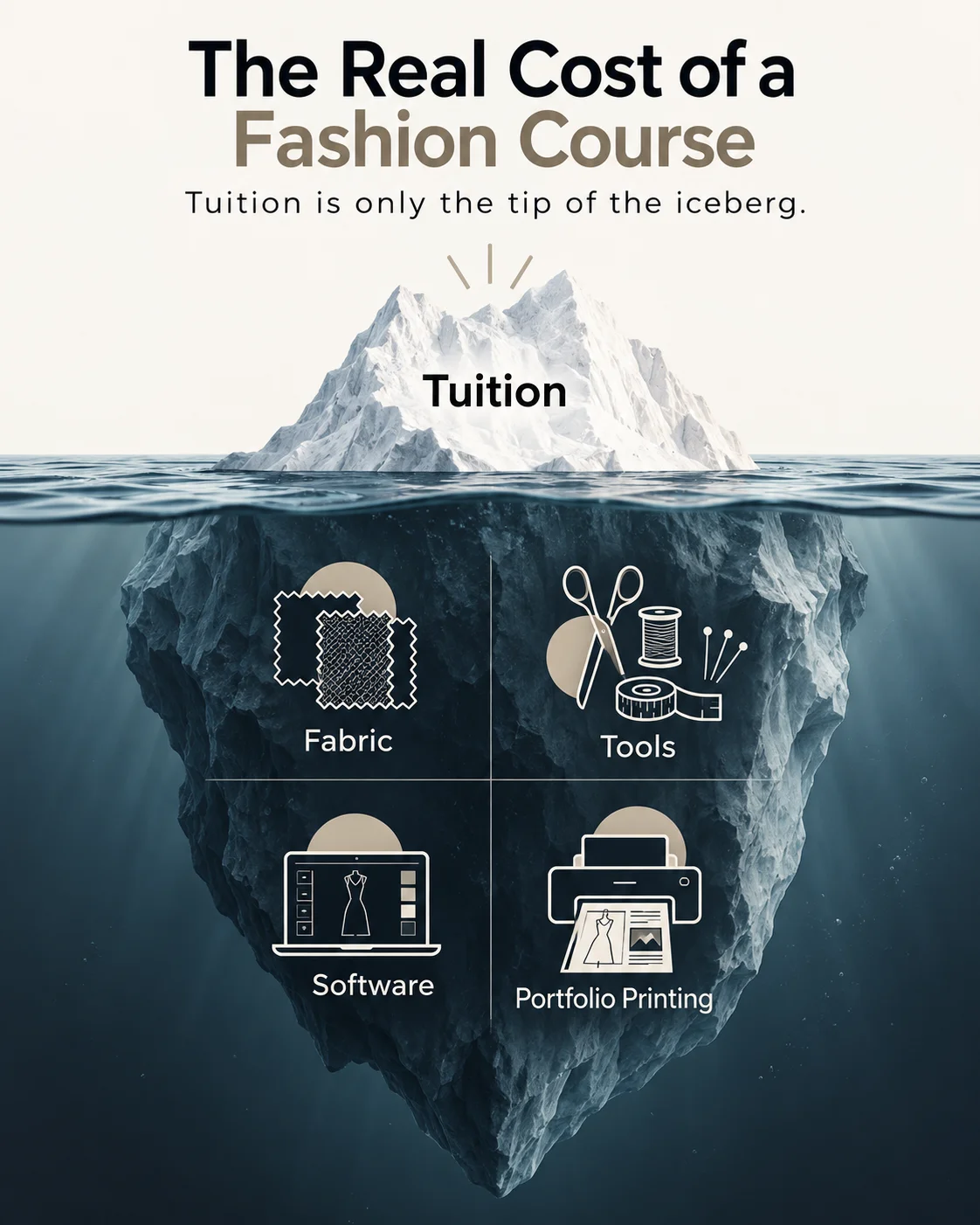 An iceberg infographic illustrating the hidden expenses of a fashion course, showing tuition at the top and additional costs like fabric, tools, and software underneath.