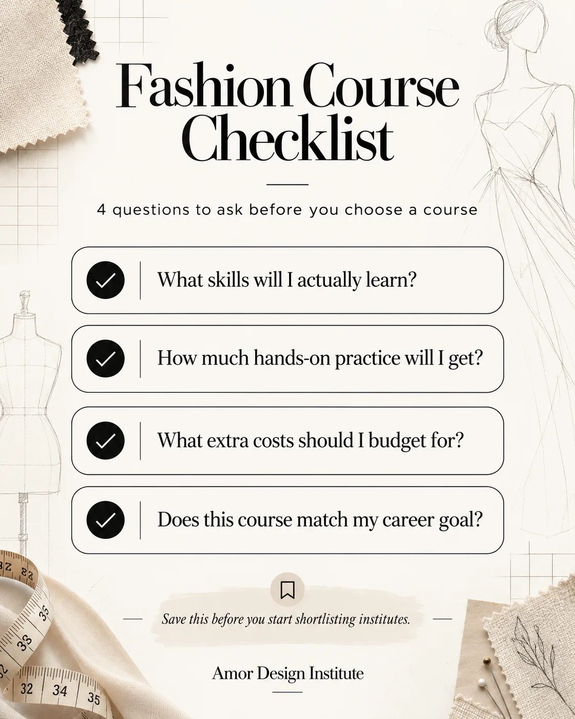 A checklist graphic by Amor Design Institute outlining four essential questions students should ask before enrolling in a fashion course.