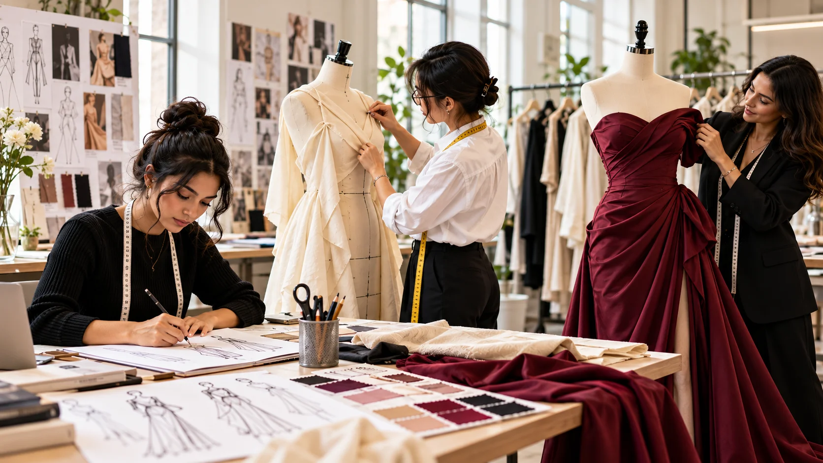 Three fashion designers working in a bright studio, illustrating the garment creation process: one sketching designs on paper, another draping white fabric on a mannequin, and a third adjusting a finished maroon couture gown.