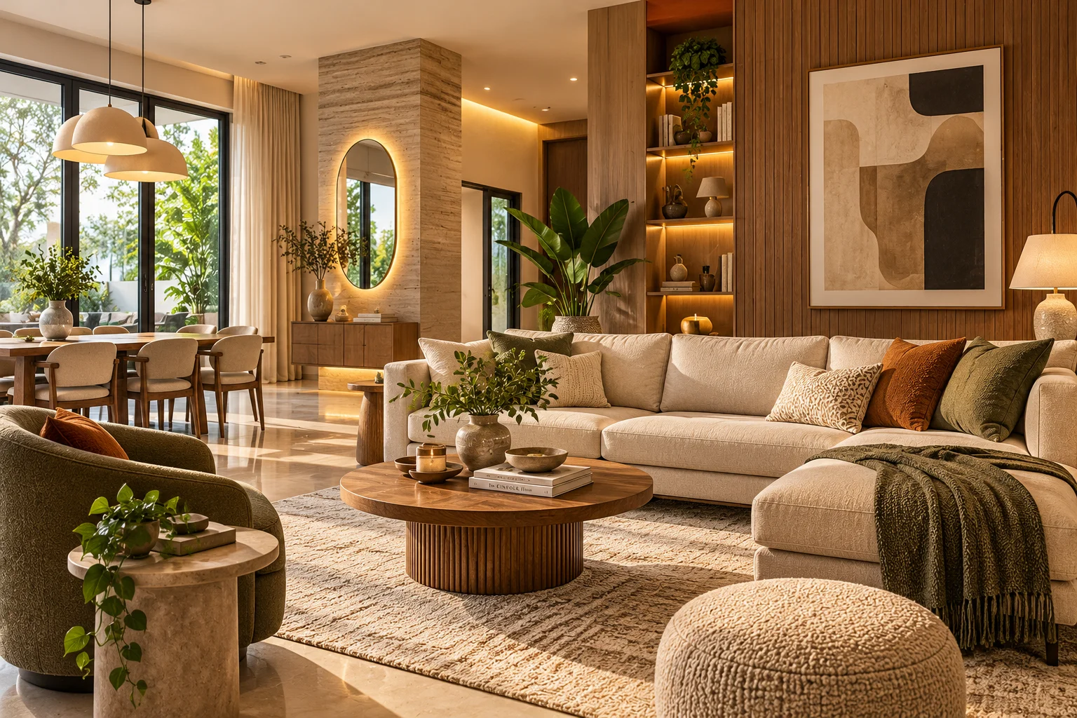A brightly lit, beautifully designed luxury living and dining room featuring warm neutral tones, a large beige sectional sofa, natural wood accents, and indoor plants.