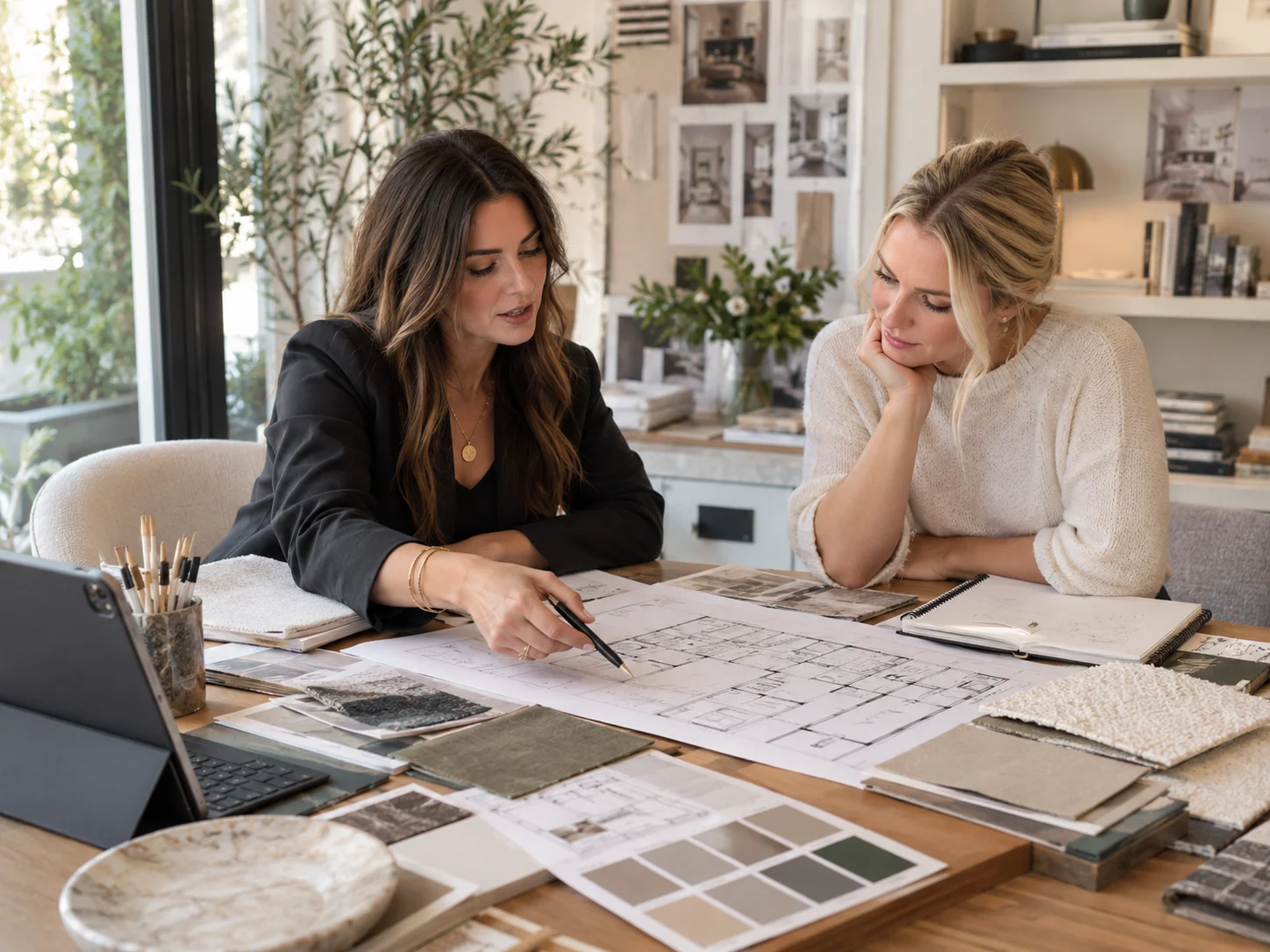 An interior designer and a client sitting together at a wooden table, closely reviewing architectural blueprints surrounded by fabric and tile material swatches.