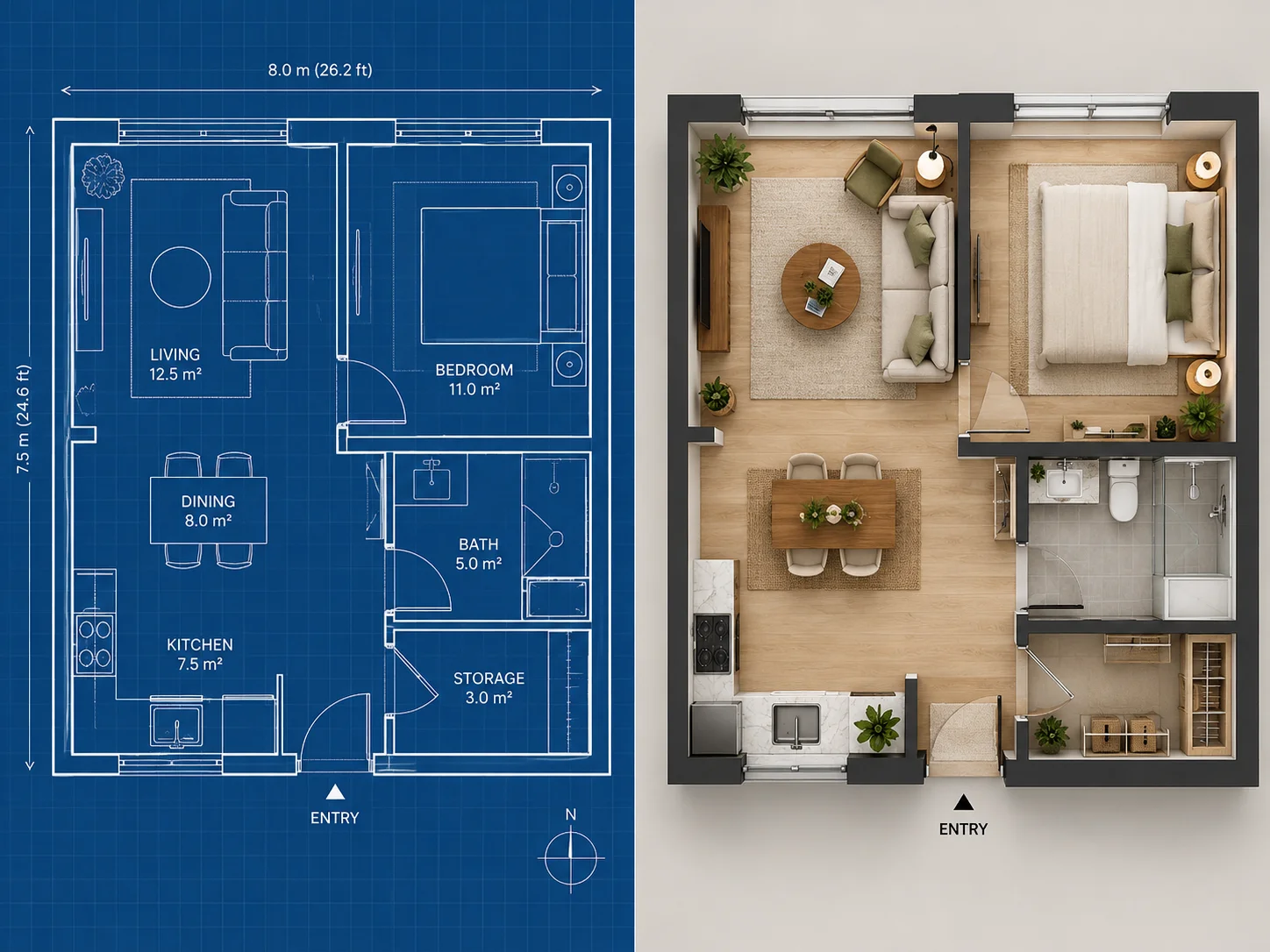 A side-by-side comparison showing a technical blue floor plan on the left and the resulting fully furnished, top-down 3D rendered apartment layout on the right.