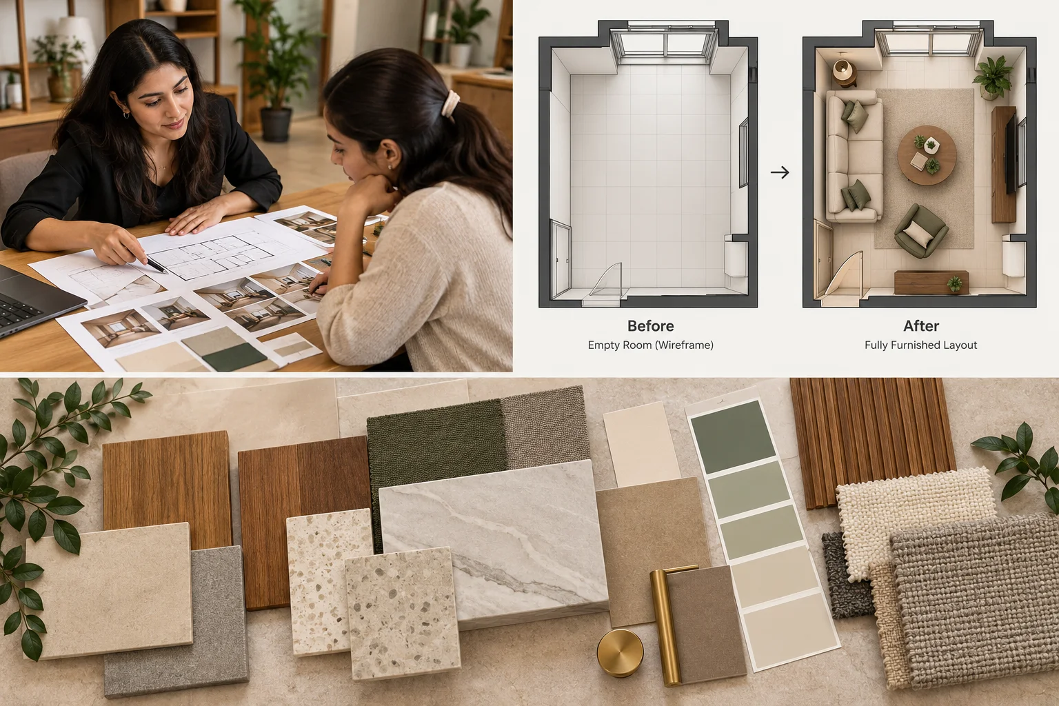 A three-part collage showing two women reviewing floor plans, a before-and-after top-down view of an empty wireframe room transforming into a furnished space, and a flat lay of interior design material swatches.