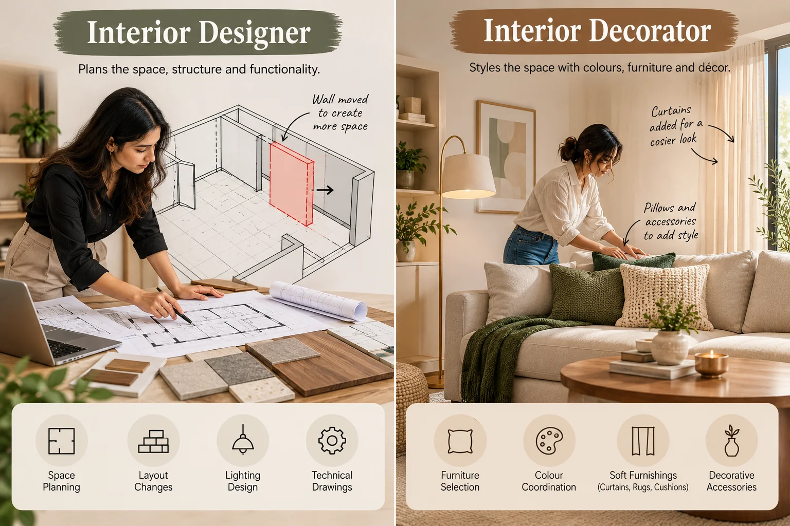 A side-by-side infographic comparing an interior designer drafting structural space changes on blueprints to an interior decorator styling a living room with cushions and curtains.