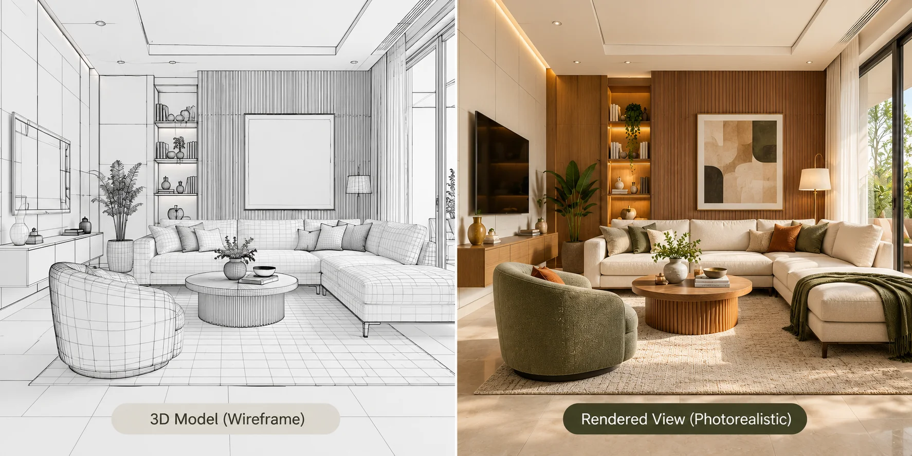 A split-screen graphic showing a black-and-white 3D digital wireframe model of a living room on the left transitioning into a fully furnished, photorealistic rendered view on the right.