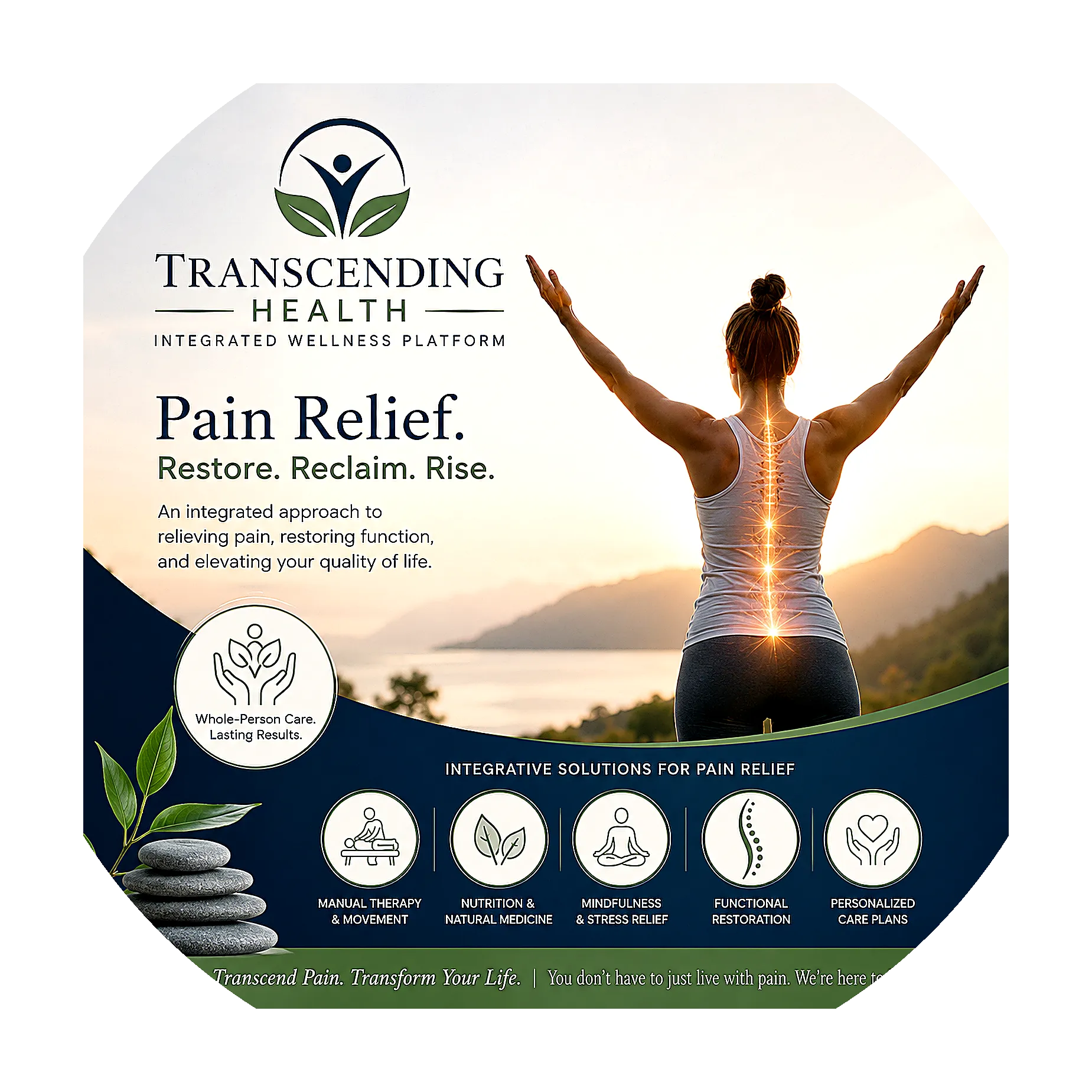 Transcending Health Integrated Wellness Platform badge — Pain Relief, Restore, Reclaim, Rise