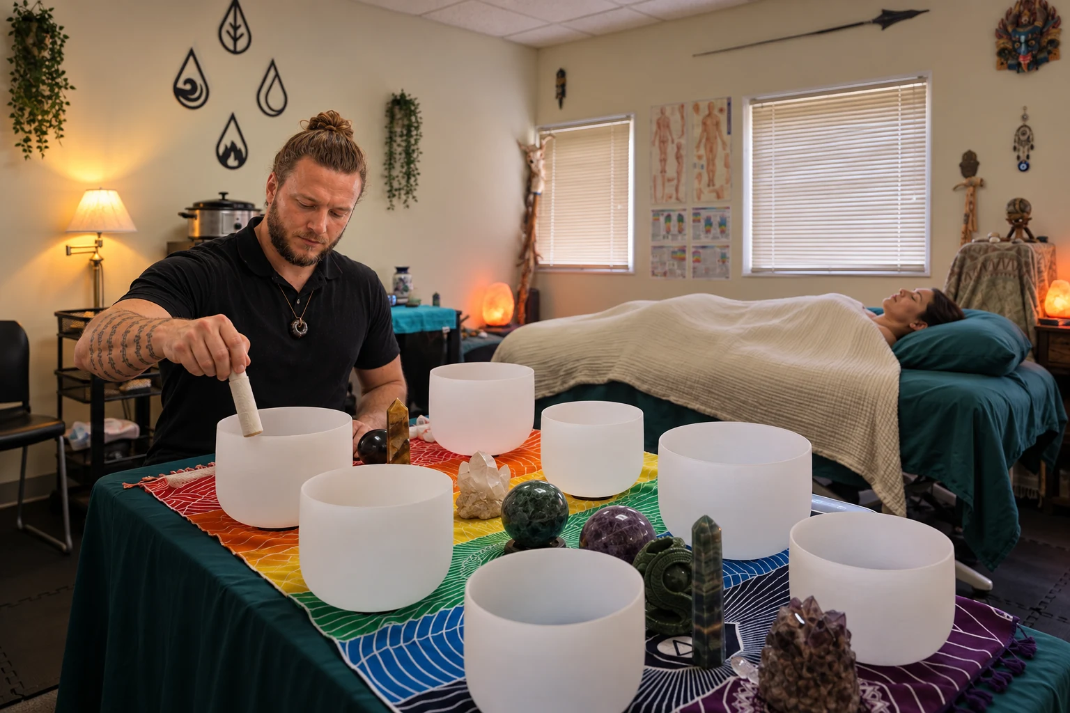 AI-generated illustration of Drew playing crystal singing bowls in the Transcending Health treatment room