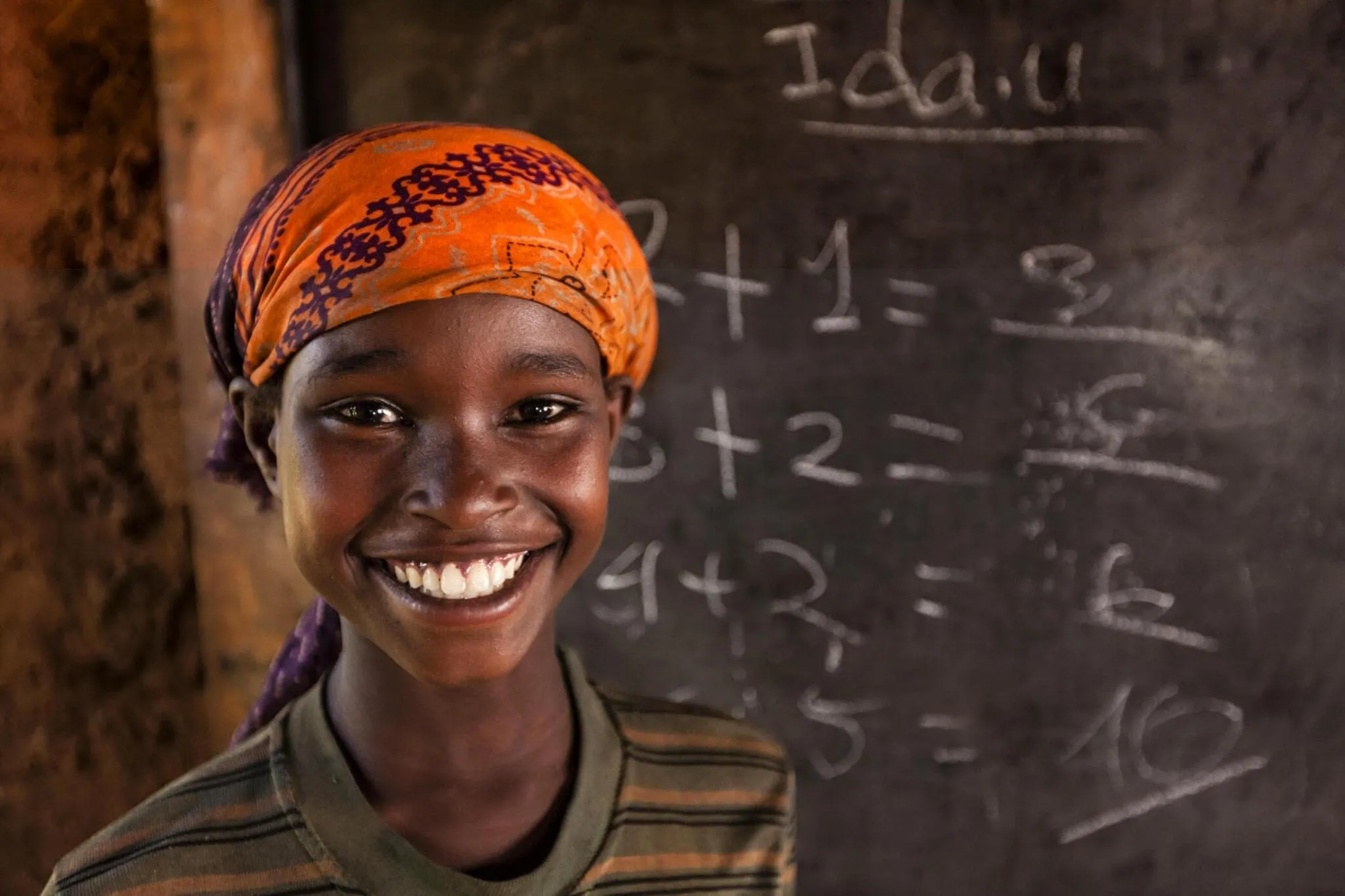Happy student with mathematics equation on the background