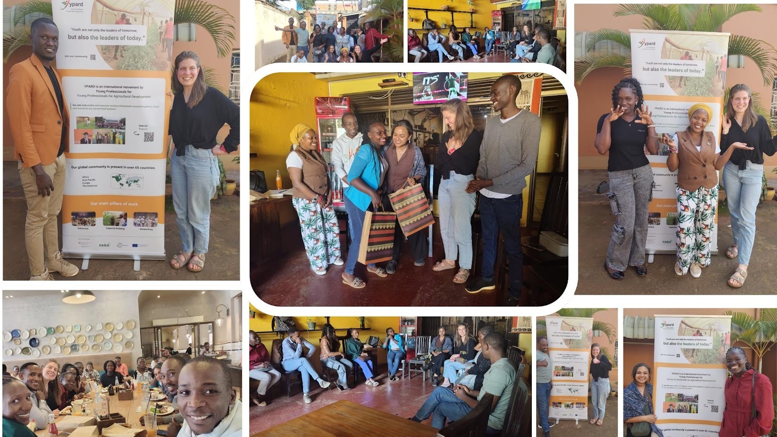 The image shows a diverse group of people gathered in a colorful, lively environment, likely a conference or meeting, with various signs and posters related to YPARD (Young Professionals for Agricultural Development).AI-generated content may be incorrect.