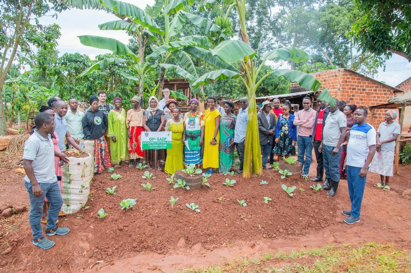 The image depicts a group of people gathered around a demonstration site, likely for a community event or educational purpose, with a focus on gardening or agricultural practices.AI-generated content may be incorrect.