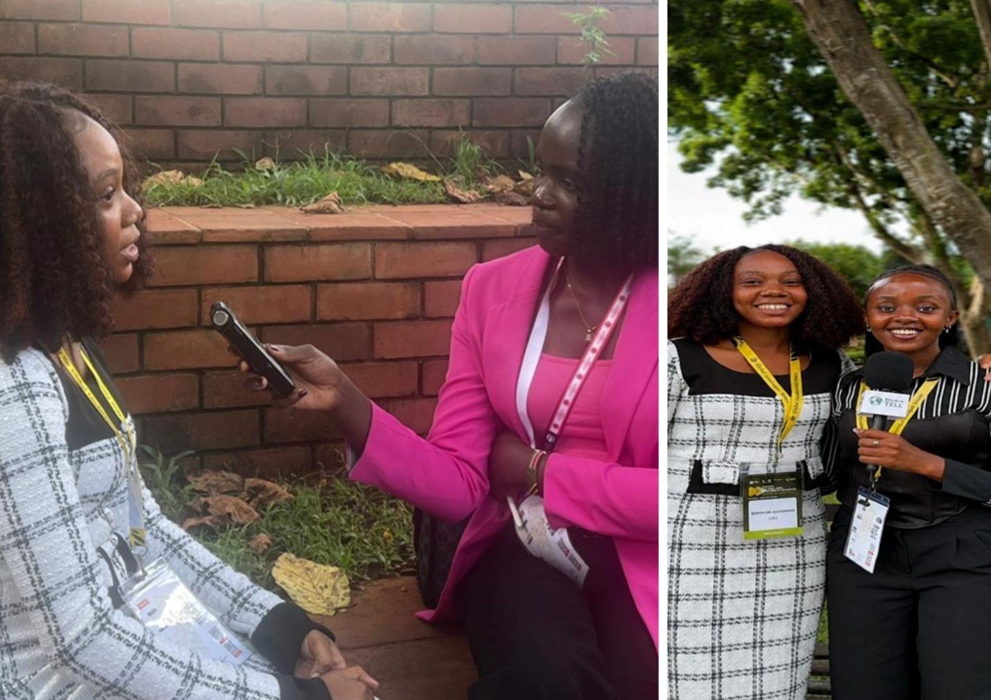 The image shows two people, one dressed in a pink suit and another in a black suit, both holding phones and standing in front of a brick wall, with one holding a badge.AI-generated content may be incorrect.