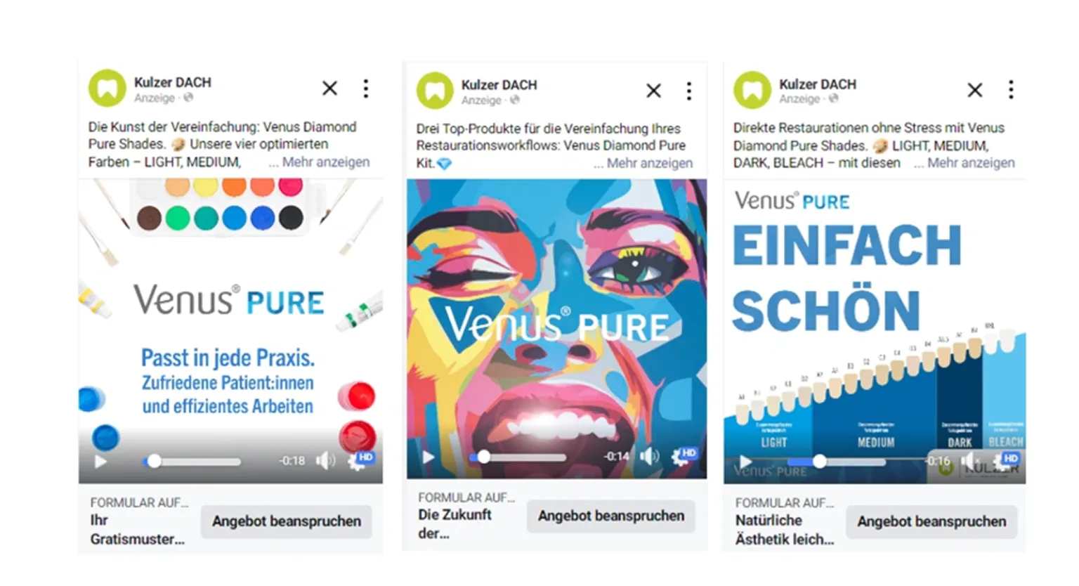 Drei Anzeigen von Kulzer DACH, die die Zahnfarben von Venus Pure mit Farbtabellen und farbenfrohen Gesichtsbemalungen zeigen.