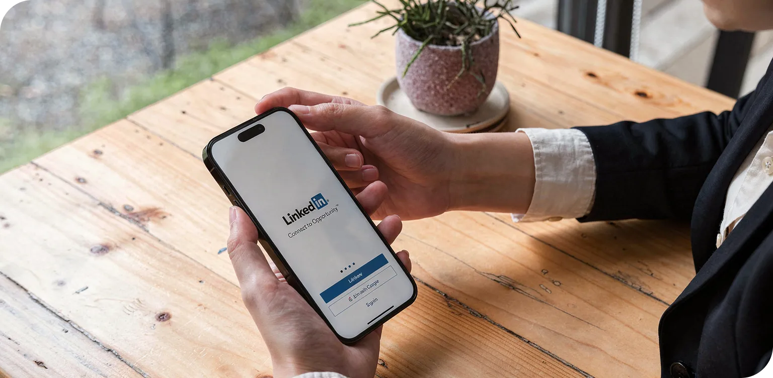 Eine Person hält ein Smartphone in der Hand, auf dessen Bildschirm der Anmeldebildschirm der LinkedIn-App zu sehen ist, vor dem Hintergrund eines Holztisches.
