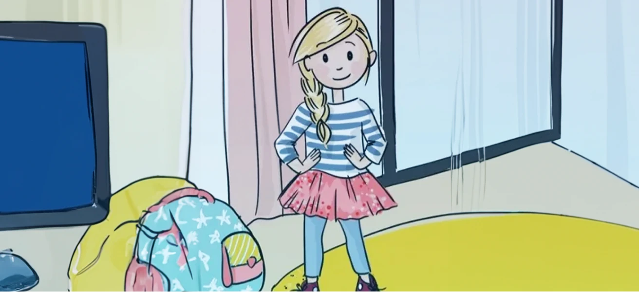 Illustration eines Mädchens mit Zöpfen, das selbstbewusst in einem Raum mit Fernseher und Rucksack steht.