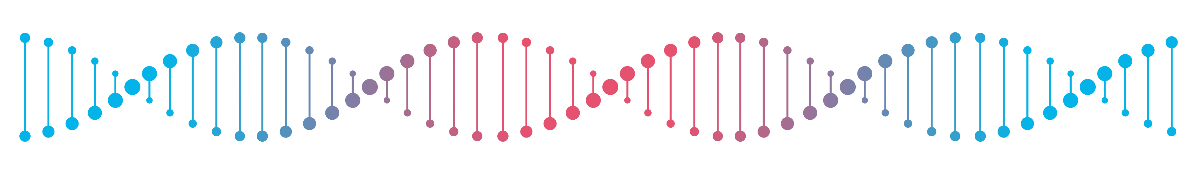 Stilisierte Darstellung einer DNA-Doppelhelix mit Punkten und Linien, die durch einen Farbverlauf in Blau, Violett und Rot miteinander verbunden sind.