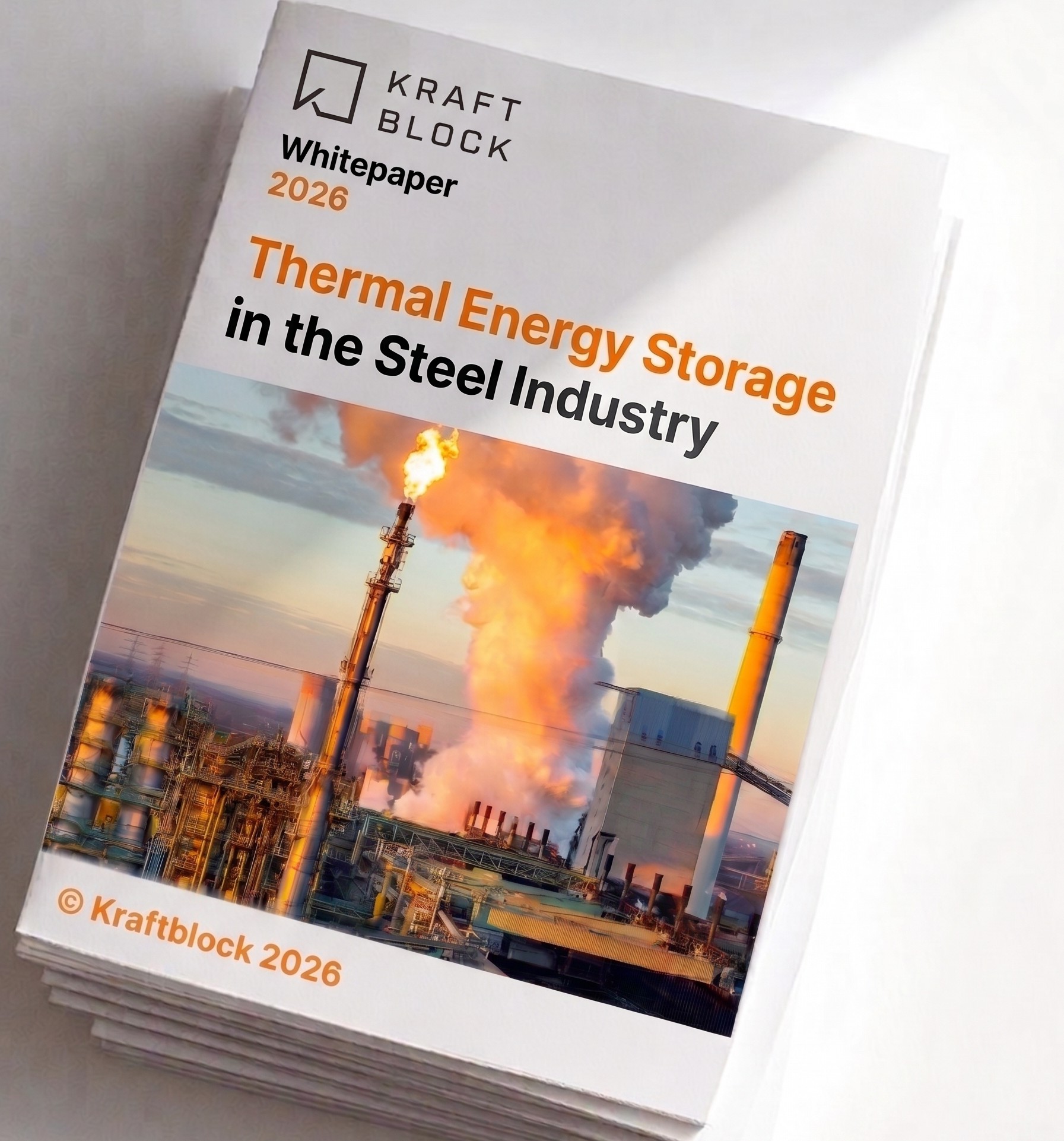 Whitepaper with image of flare gas. Title is Thermal Energy Storage in the Steel Industry from Kraftblock a heat battery manufcaturer.