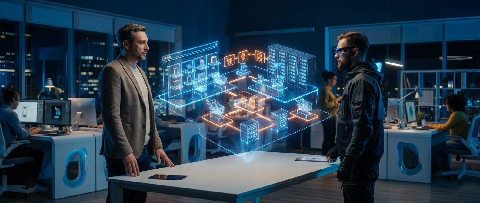 Unternehmer und Agentur-Entwickler planen gemeinsam die Struktur eines Onlineshops an einem futuristischen 3D-Hologramm-Modell in einem modernen Büro.