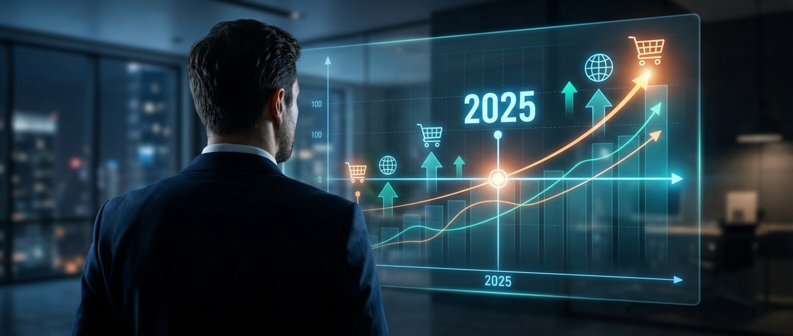 Eine filmische Aufnahme von hinten über die Schulter eines Geschäftsmannes/einer Geschäftsfrau. Er/Sie blickt auf eine große, schwebende holografische Glaswand. Darauf zu sehen: Eine Zeitlinie, die zu "2025" führt, mit steigenden Graphen und Icons für KI und Nachhaltigkeit.