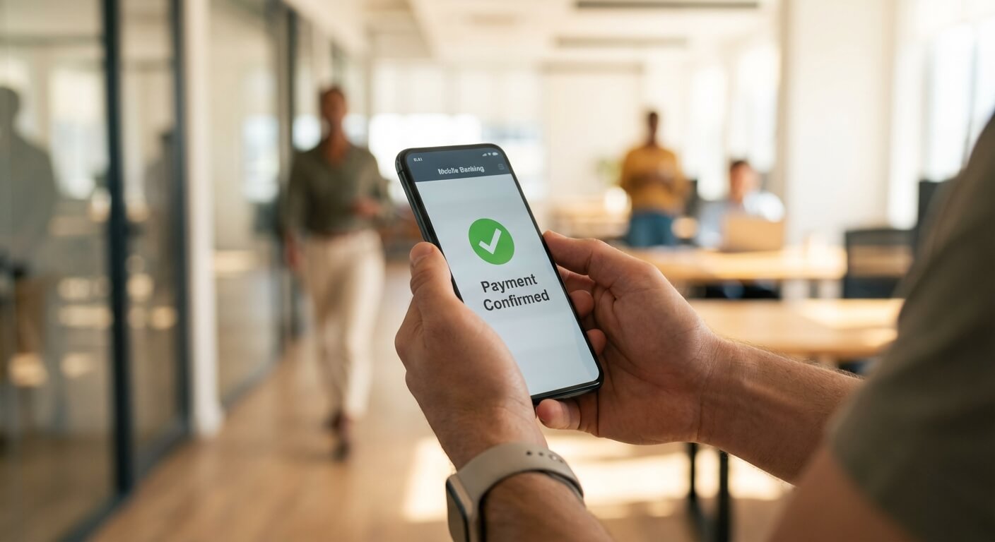 Nahaufnahme von Händen, die ein Smartphone halten, auf dem eine erfolgreiche Zahlung ('Payment Confirmed') bestätigt wird, vor unscharfem modernen Bürohintergrund