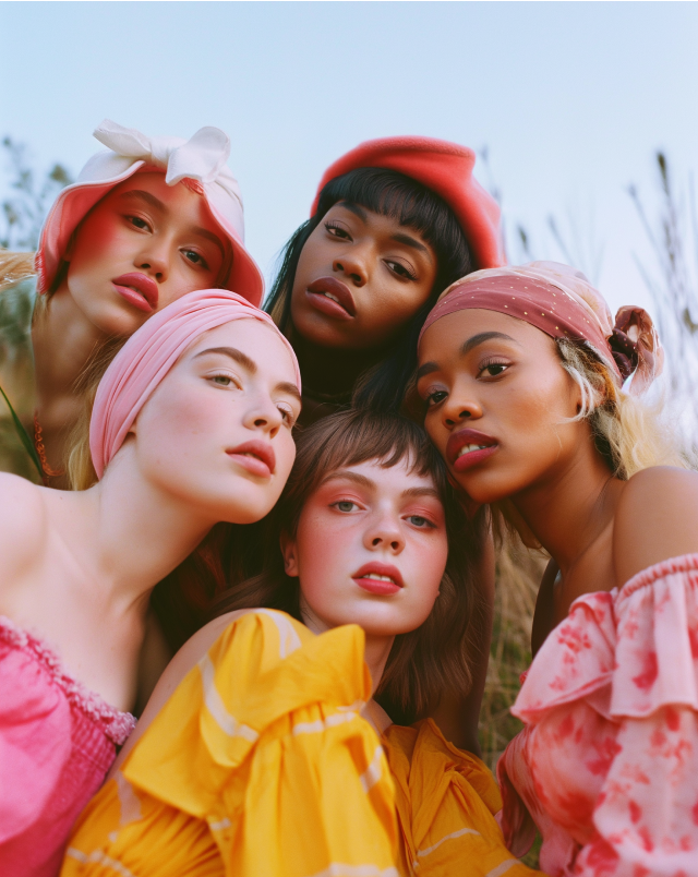 Ein Bild zeigt fünf Frauen mit bunten Kleider. Sie stehen mitten im Feld mit Pflanzen